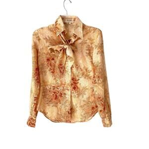 Stuart Lang Vintage 70s Floral Bow Neck Button Down Cream Rust Blouse 9/10 med
